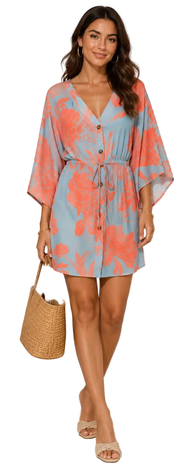 Fitolini Coastal Bloom Kimono Sleeve Shirt Dress