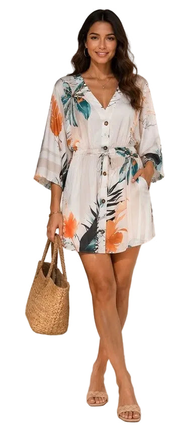 Fitolini Tropical Breeze Kimono Sleeve Shirt Dress
