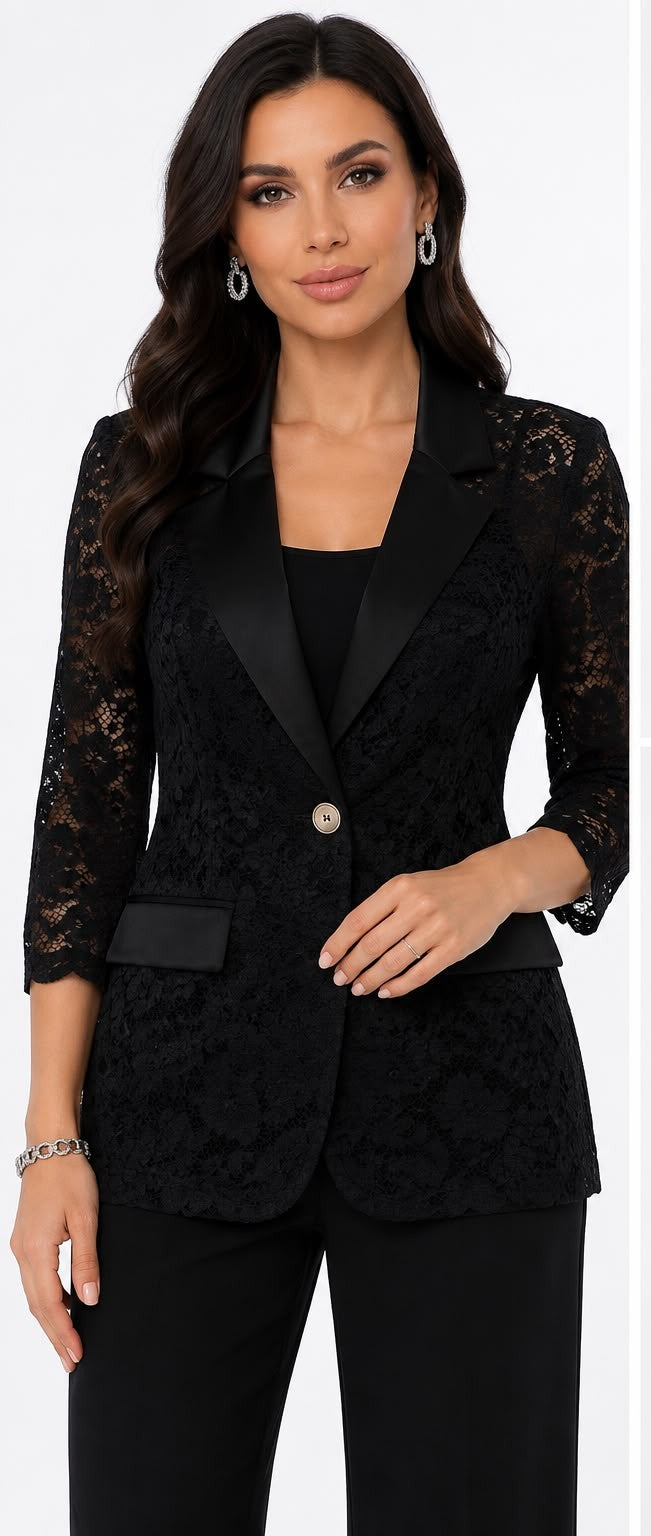 Fitolini Elegant Black Lace Blazer with Satin Lapel