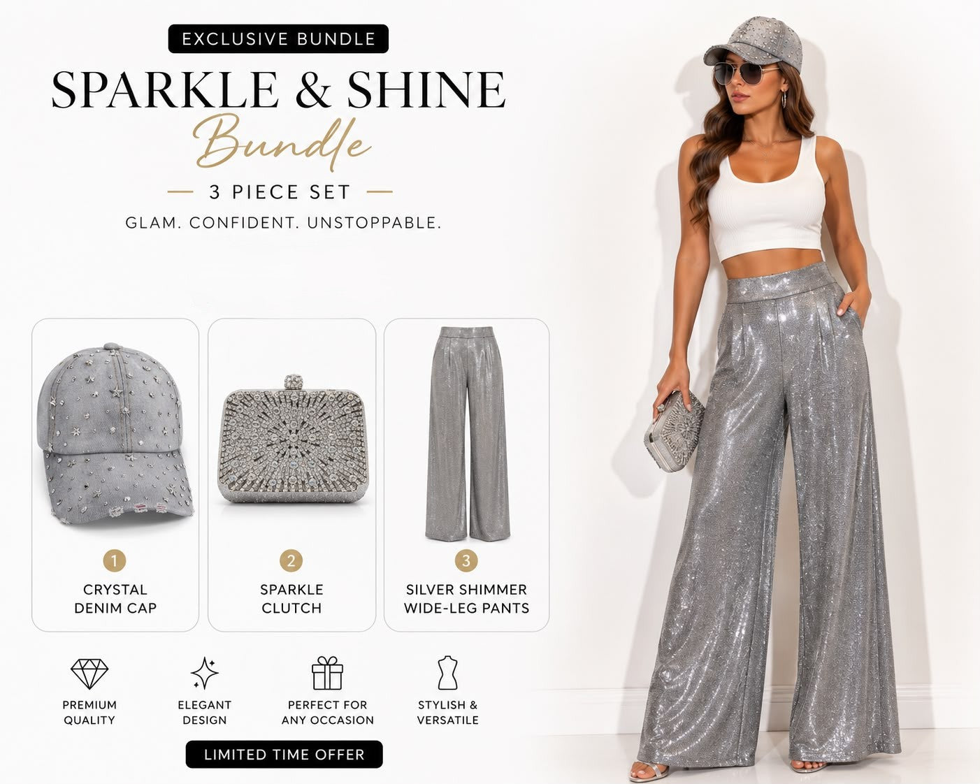 FITOLINI Sparkle & Shine 3-Piece Set – Glamorous Crystal Cap, Evening Clutch & Shimmer Wide-Leg Pants