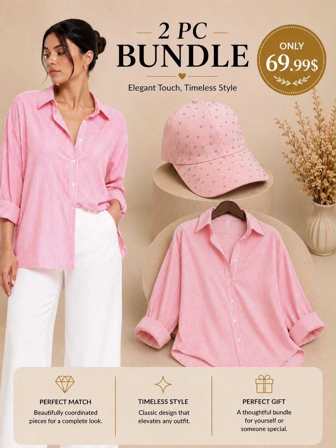 FITOLINI Soft Pastel 2-Piece Bundle – Rhinestone-Embellished Pink Cap & Classic Striped Button-Down Shirt