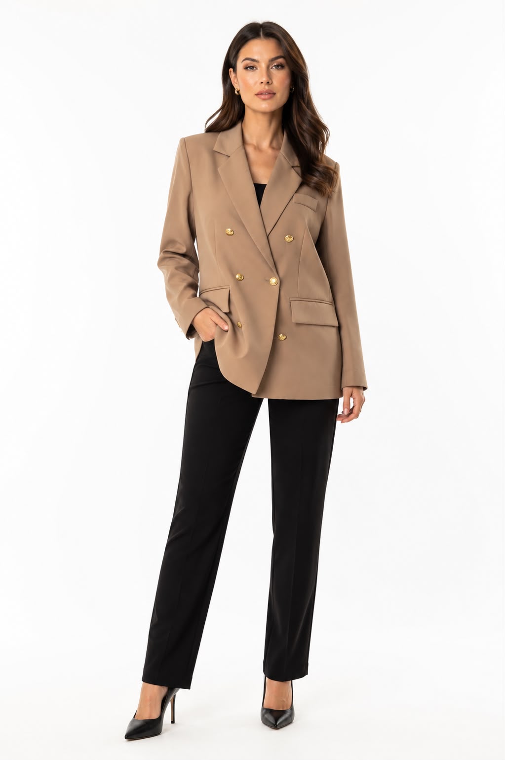 Fitolini Double-Breasted Tailored Blazer – Camel