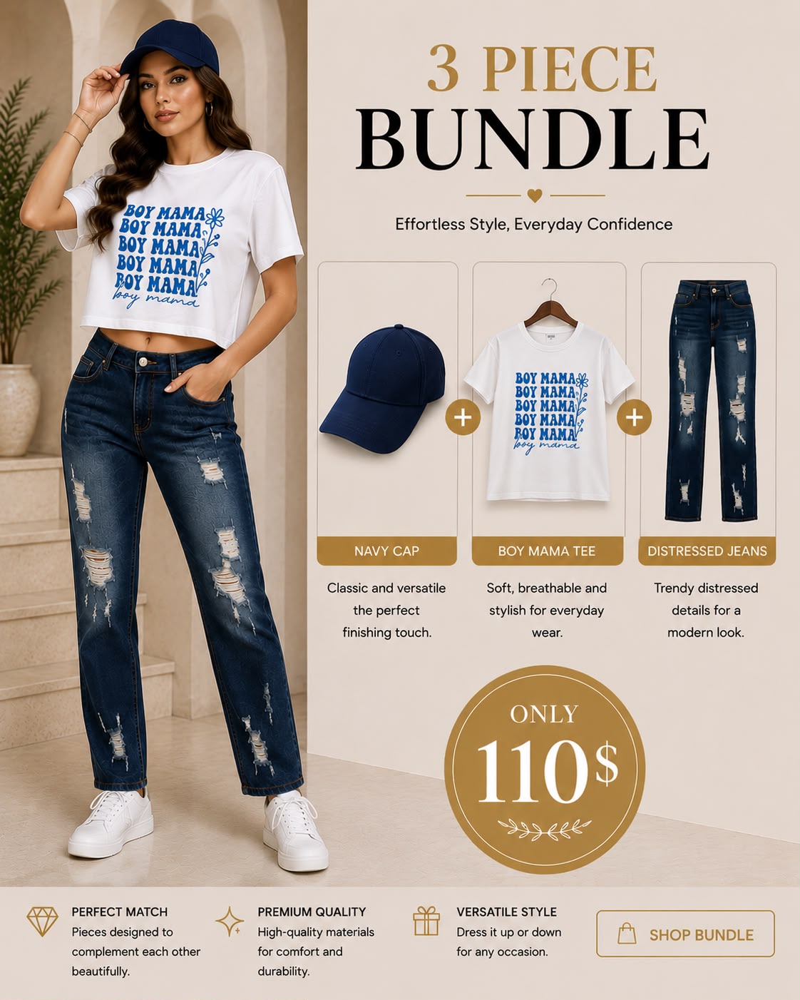 FITOLINI 3-Piece Chic Casual Bundle – Navy Cap, Graphic "Boy Mama" Tee & Distressed Denim Jeans