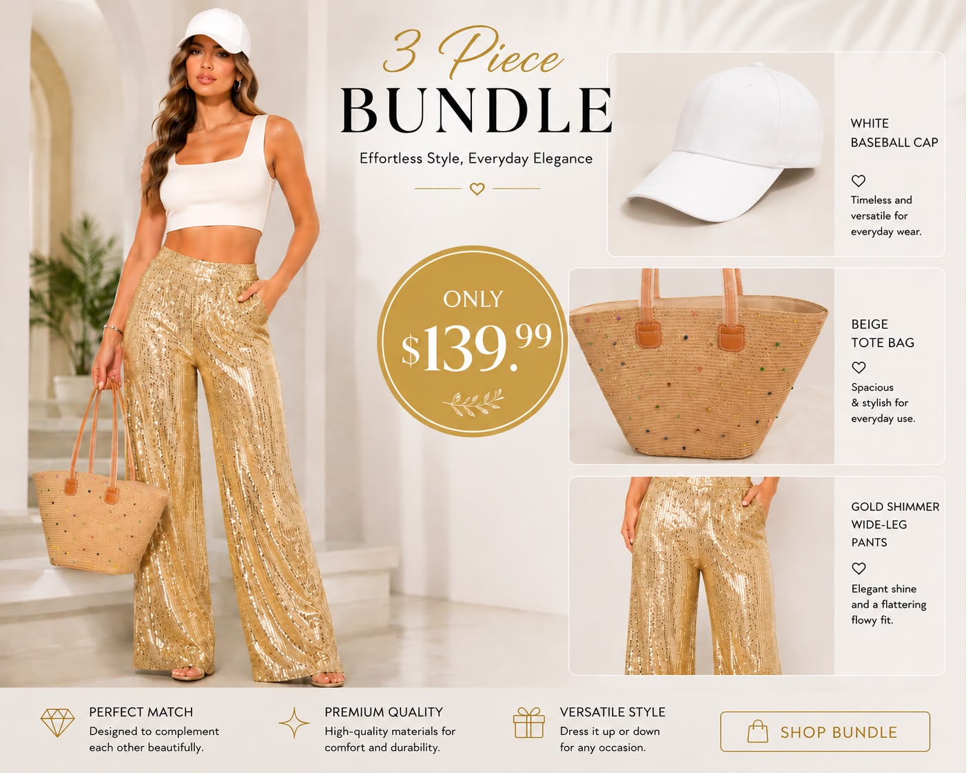 FITOLINI 3-Piece Effortless Elegance Bundle – Gold Shimmer Pants, Beige Tote & White Baseball Cap