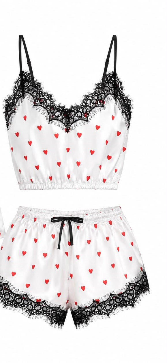 Fitolini Heart Print 3-Piece Satin Lounge Set