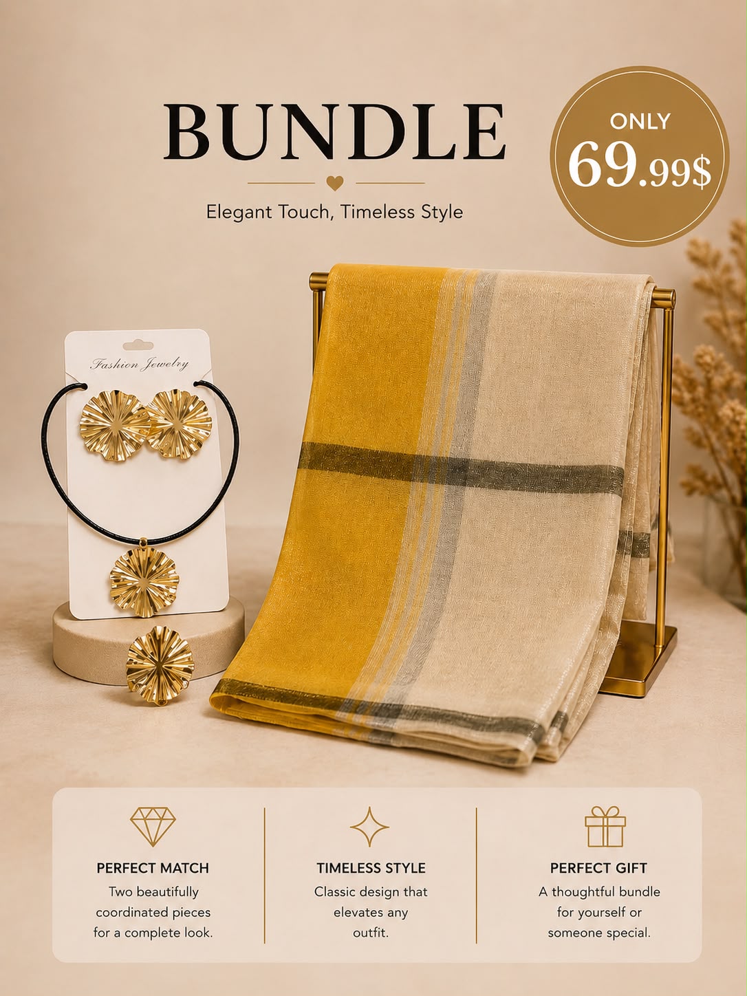 FITOLINI Timeless Elegance Bundle – Statement Gold-Tone Jewelry Set & Classic Plaid Scarf