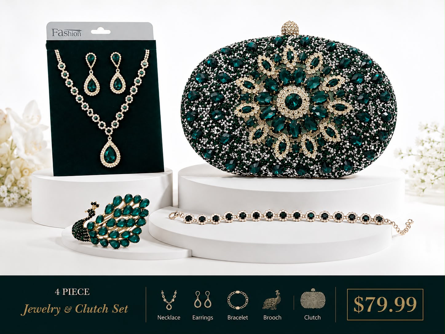 FITOLINI 4-Piece Emerald Luxe Jewelry & Clutch Set – Statement Evening Accessory Collection