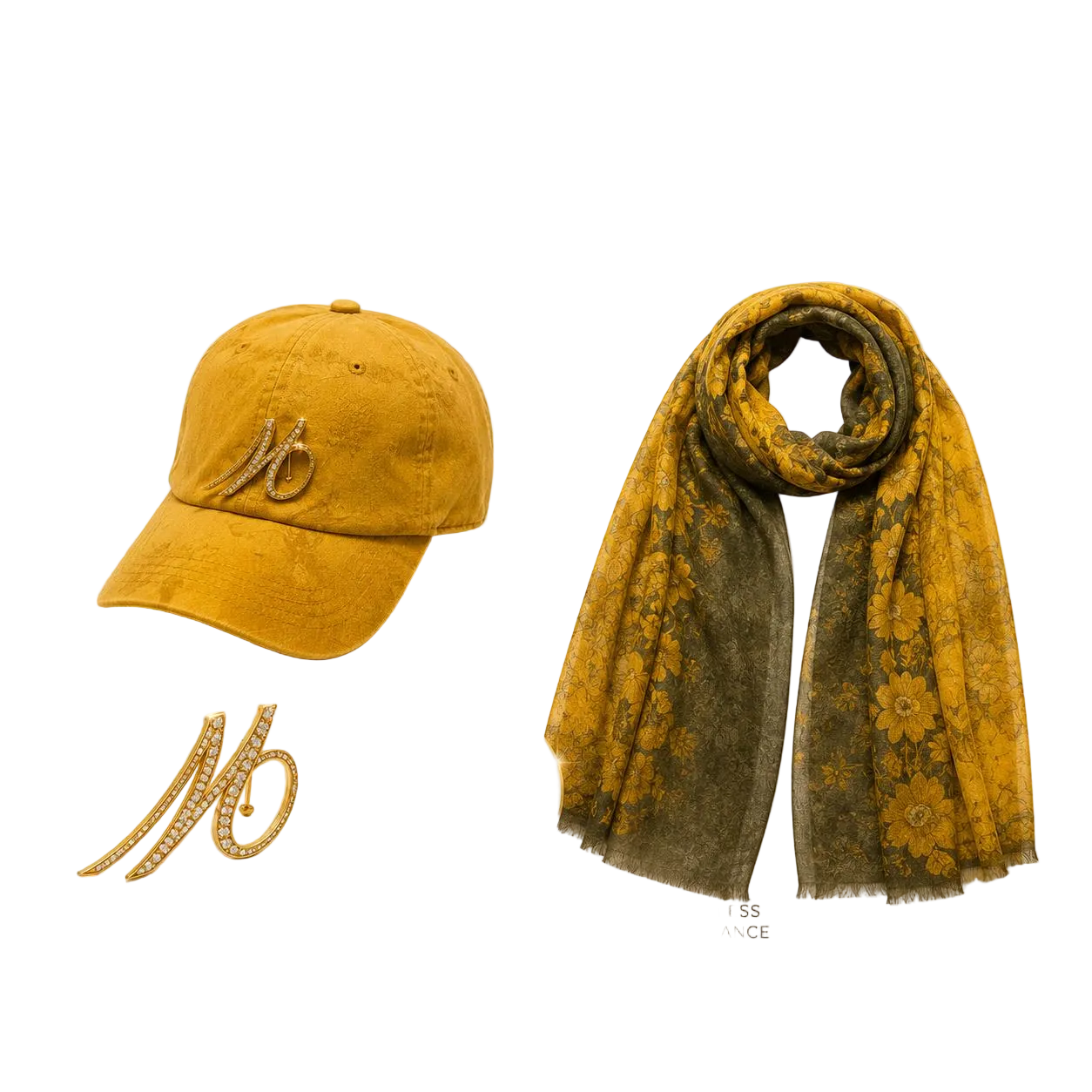 FITOLINI 3-Piece Essential Bundle – Mustard Hat, Floral Scarf & Elegant Brooch Set