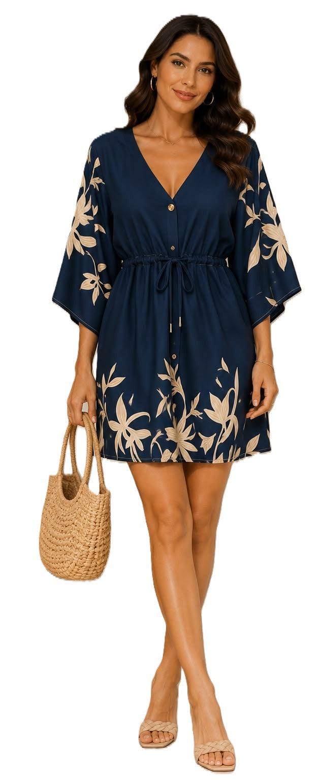Fitolini Midnight Bloom Kimono Sleeve Shirt Dress