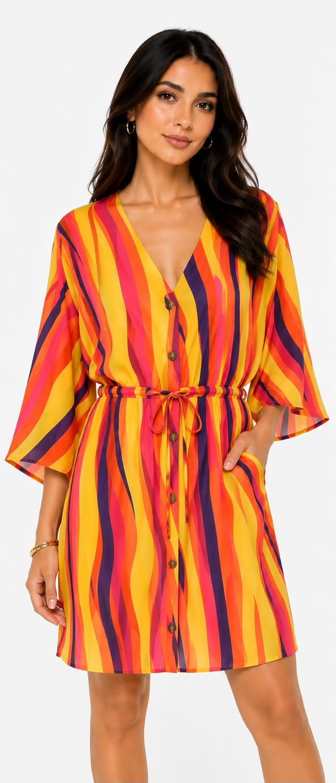 Fitolini Sunset Stripe Kimono Sleeve Shirt Dress