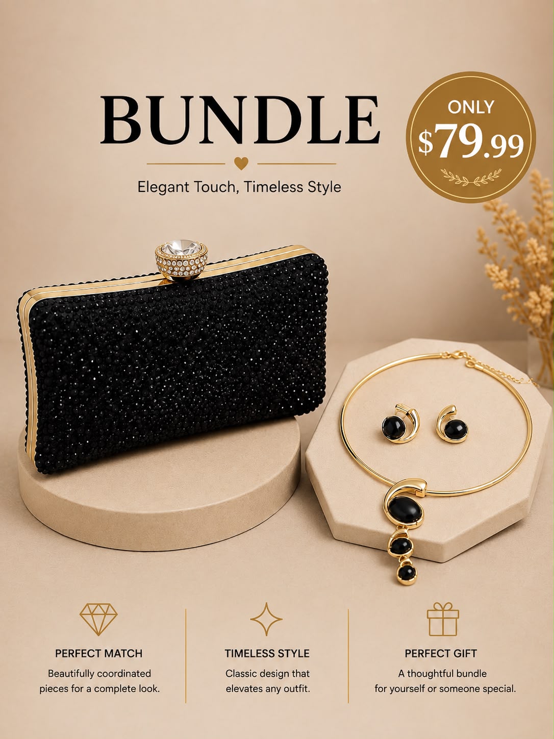 FITOLINI Midnight Elegance Bundle – Crystal Encrusted Clutch & Sophisticated Gold-Tone Jewelry Set