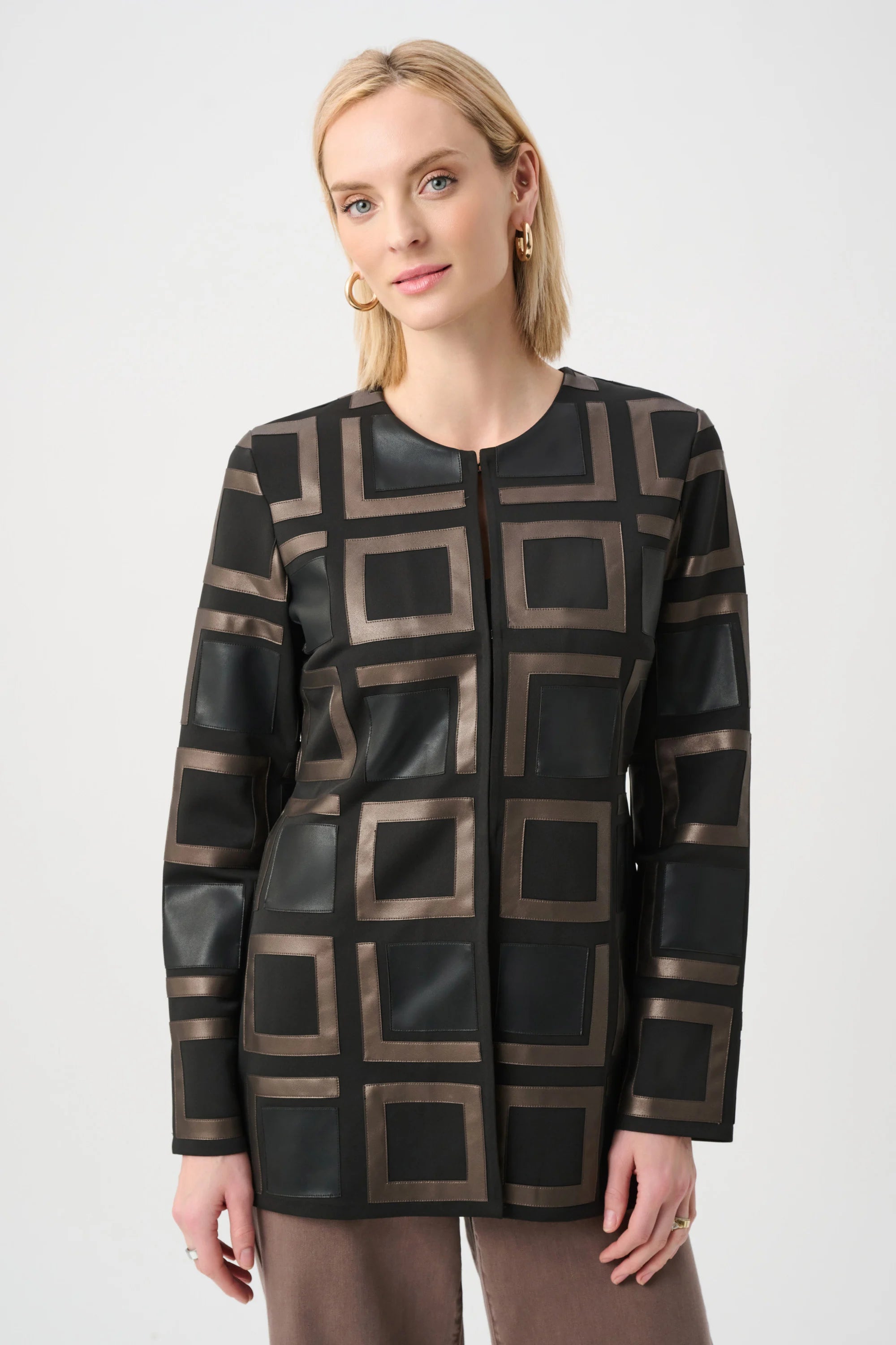 Leatherette and Scuba Collarless Two-Tone Jacket #263963