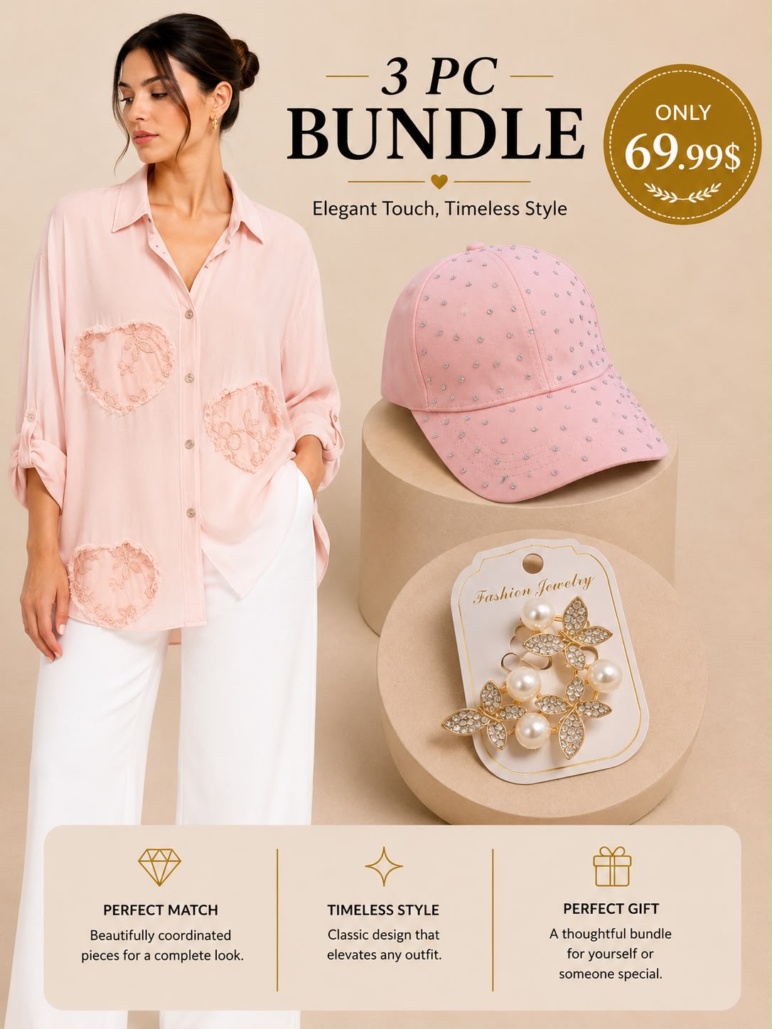 FITOLINI Pastel Romance 3-Piece Bundle – Rhinestone Cap, Heart-Appliqué Blouse & Butterfly Pearl Jewelry