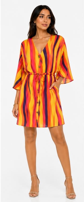 Fitolini Sunset Stripe Kimono Sleeve Shirt Dress