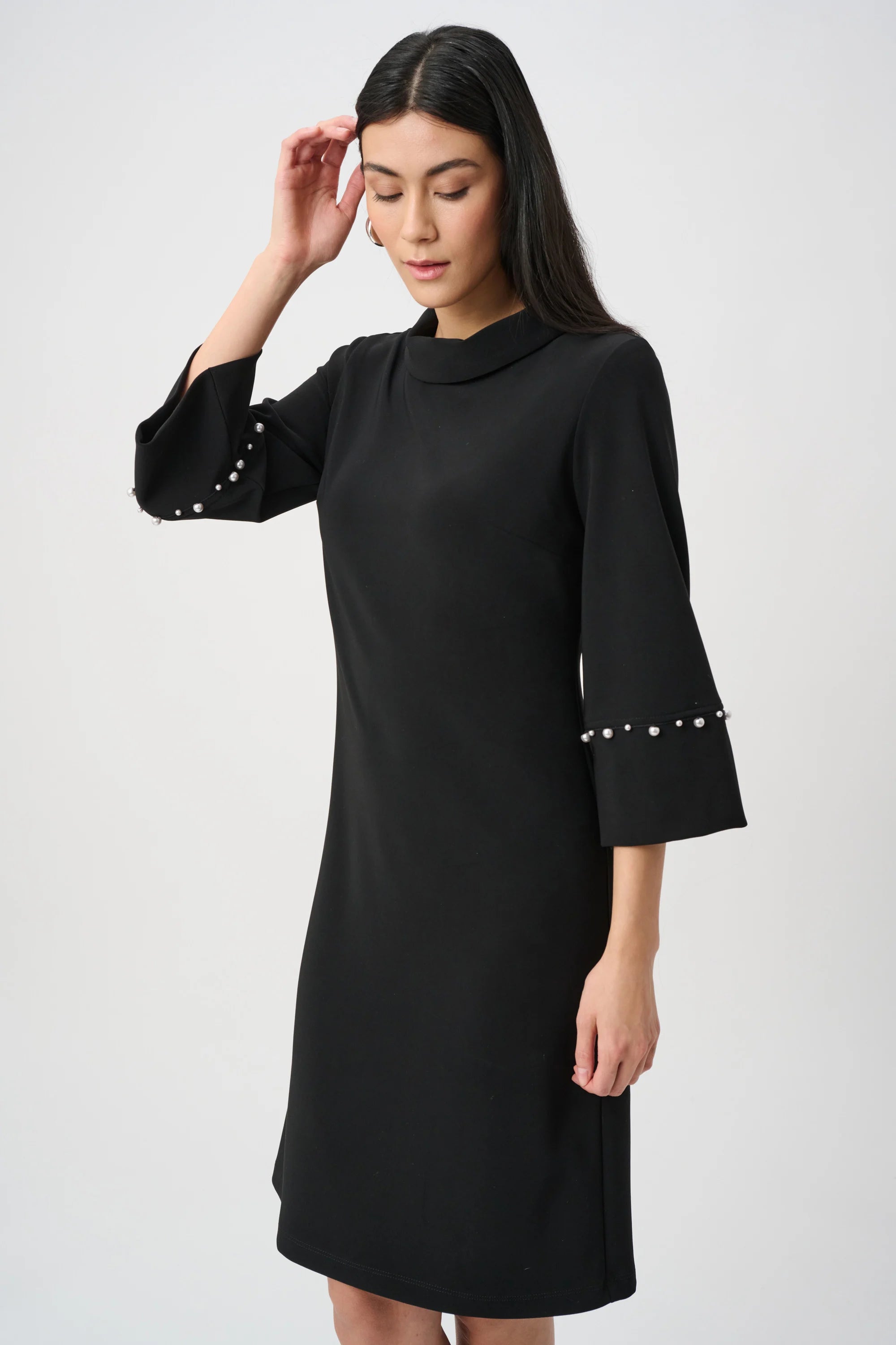 Silky Knit A-Line Dress With Pearl Detail #263115