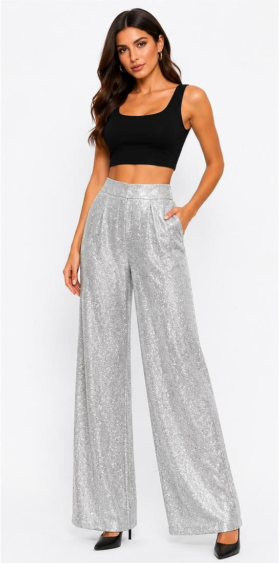 FITOLINI Metallic Wide-Leg Pants – Silver