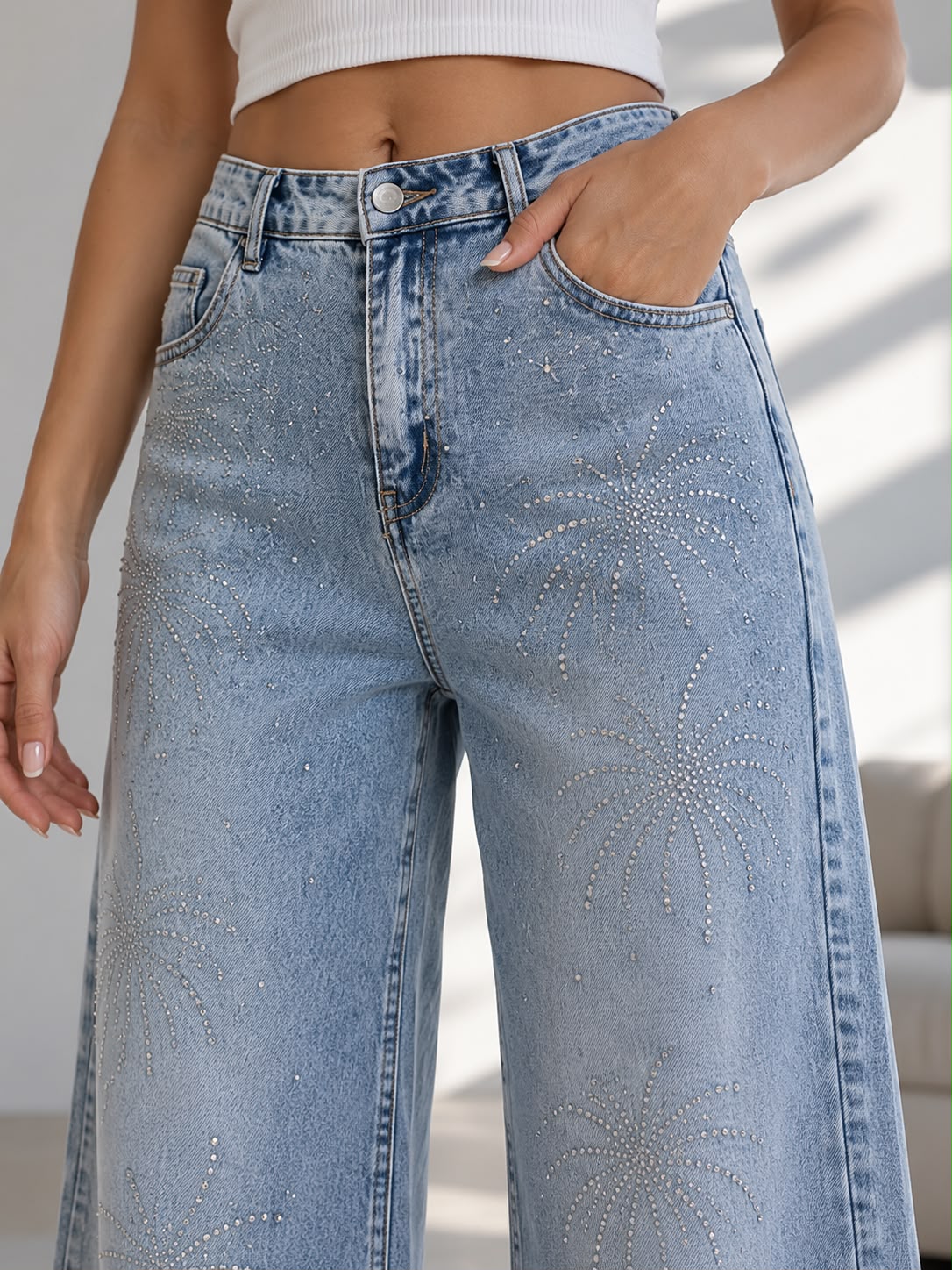 Fitolini Crystal Firework Wide-Leg Jeans
