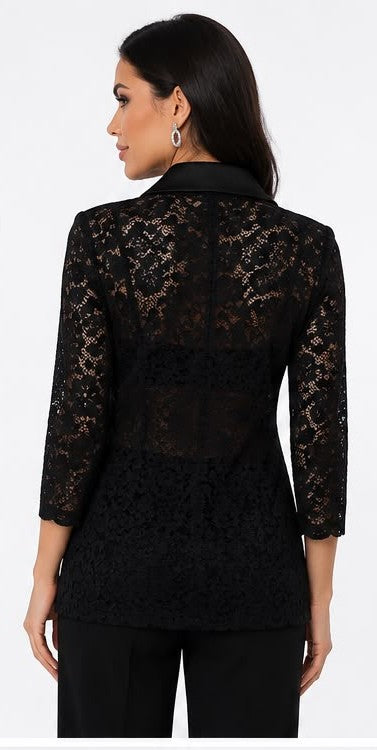 Fitolini Elegant Black Lace Blazer with Satin Lapel