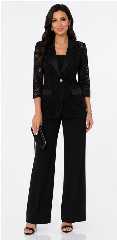 Fitolini Elegant Black Lace Blazer with Satin Lapel