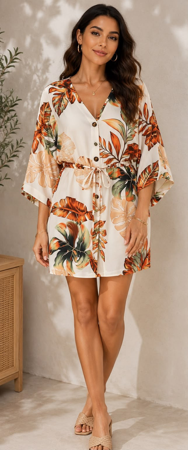 Fitolini Autumn Tropical Kimono Sleeve Shirt Dress